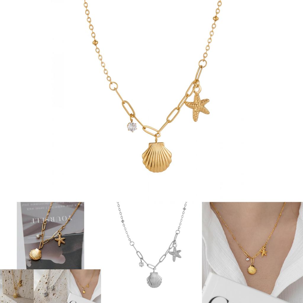 Chic Lightweight Titanium Steel Starfish And Shell Pendant Necklace For Everyday Wear
