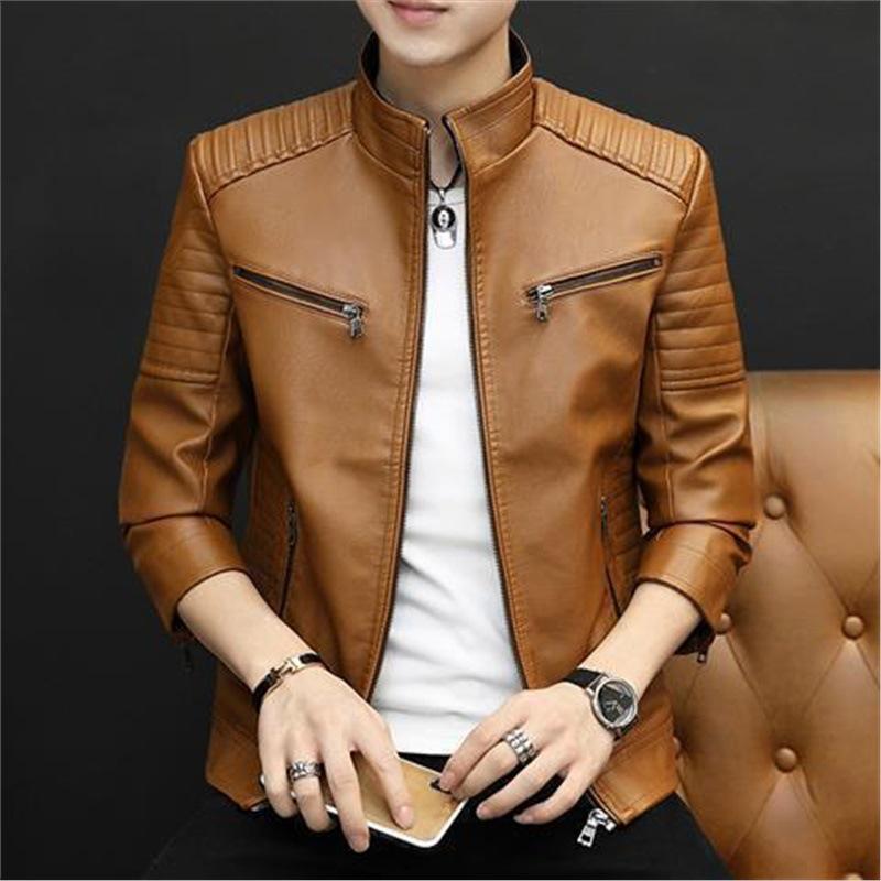 Korean Style Men's Winter Leather Motorcycle Jacket with Velvet Lining