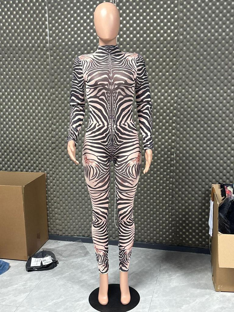 Women's Zebra Print Slim-Fit Long-Sleeve Jumpsuit