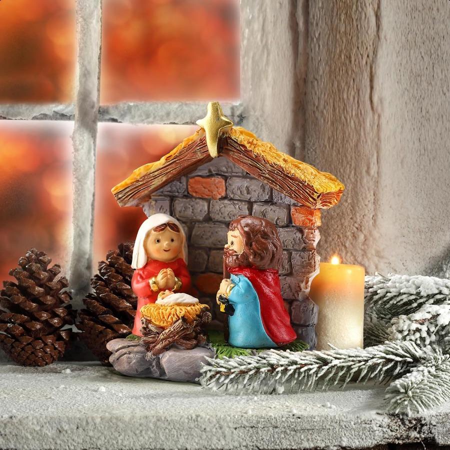 Christmas Nativity Scene Set Holy Family Figurines with Baby Jesus Mary Joseph In Manger Resin Little Nativity Sets and Figures