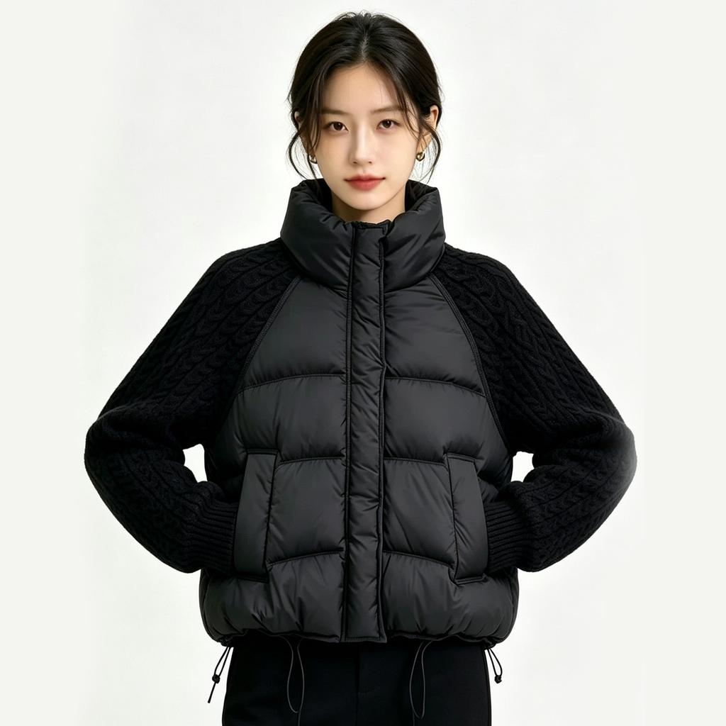 Simple style fake two-piece cotton-padded coat women's twist knitted sleeves stand-up collar short winter coat direct supply