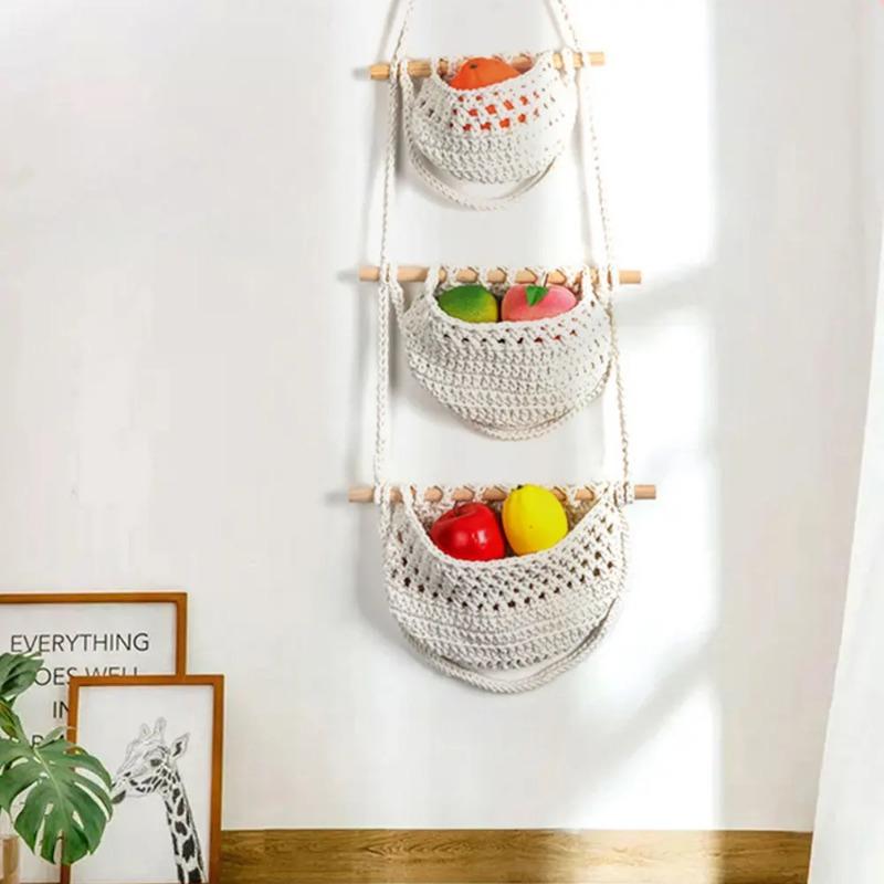 3 Pack 3 Tier INS Macrame Hanging Baskets Handmade Woven Wall Bag Kitchen Wall Mount Fruit Storage Household Food Organizer Rack