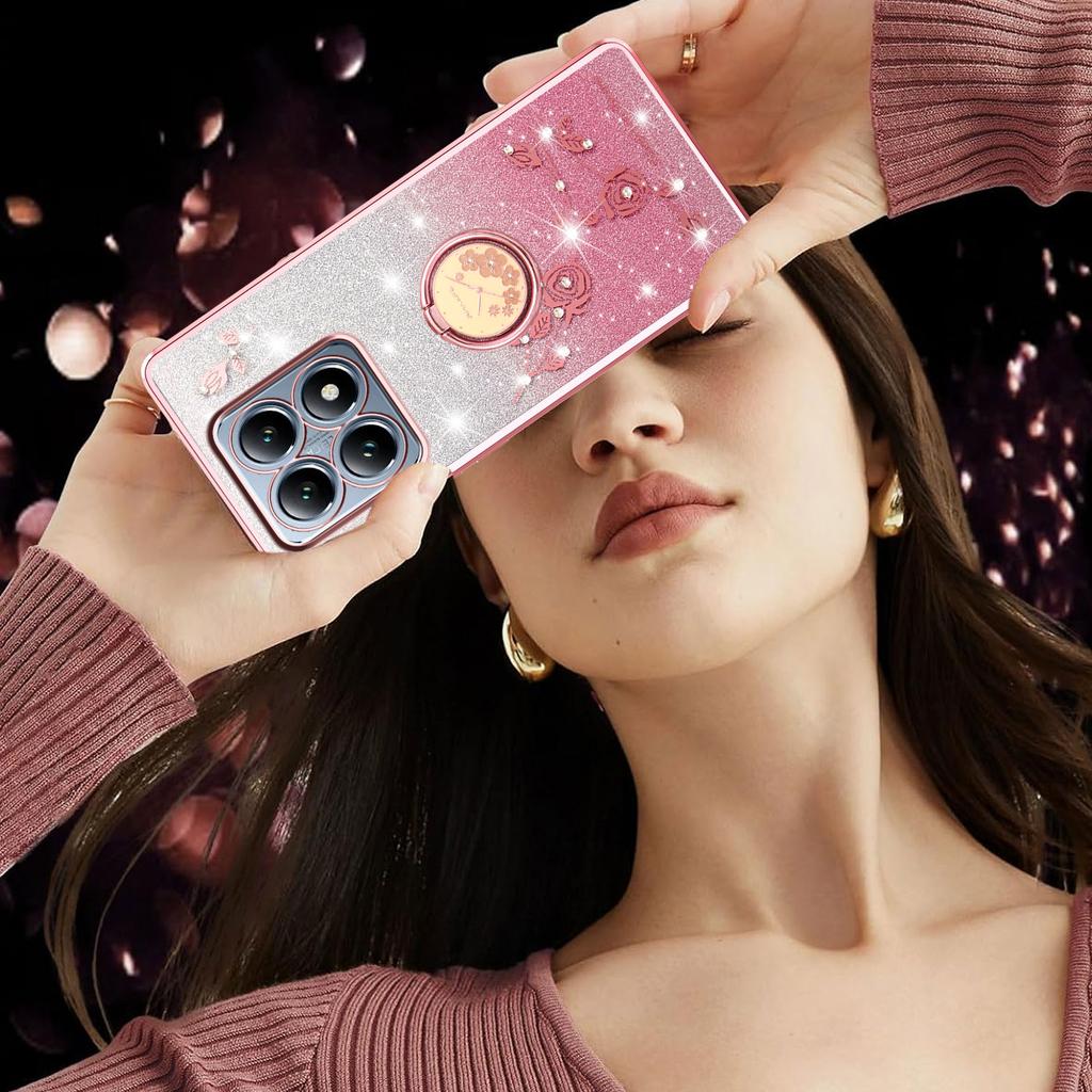 KADEM Pouzdro pro Xiaomi 15T s kroužkem a stojánkem, TPU, Květiny, Kryt telefonu, Gradientní třpytky