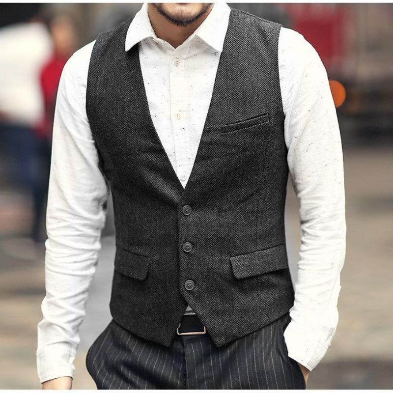 Autumn New Men's British Retro Herringbone Slim Suit Vest Wool Casual Horse Clip Men