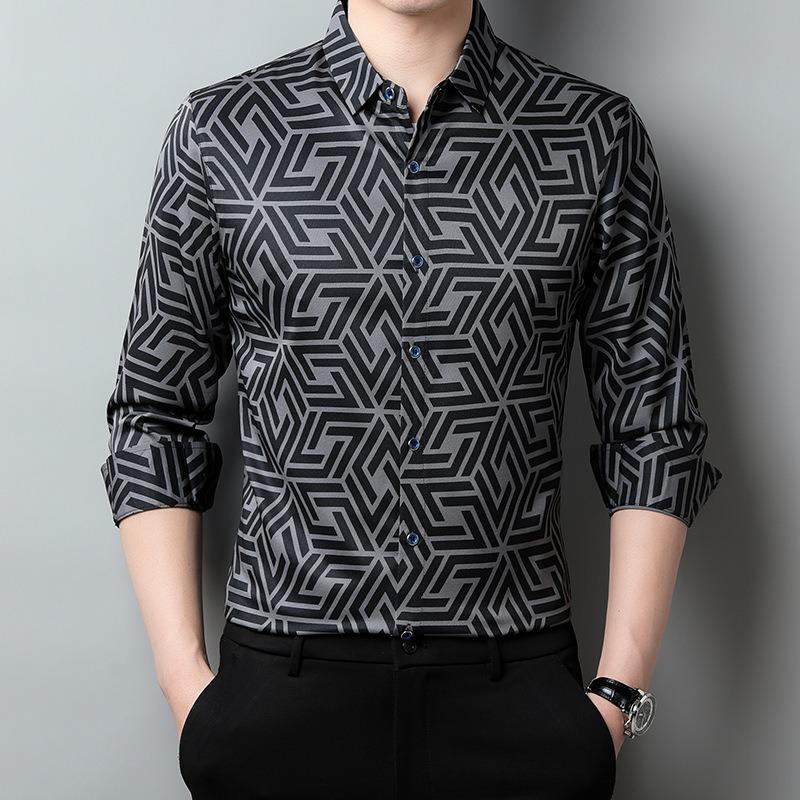 Men's Shirt Plaid Long-sleeved Business Casual Spring and Autumn Lapel Contrast Fashion Casual Top