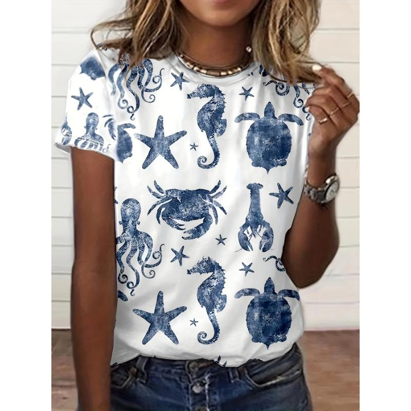 Summer Round Neck Cute Animal Pattern 3D Print Top Fashionable Casual Short Sleeved Women's T-shirts