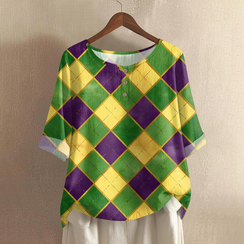 Women's Casual And Comfortable Mid-Length Round-Neck Fashion Print Cotton-Linen Top