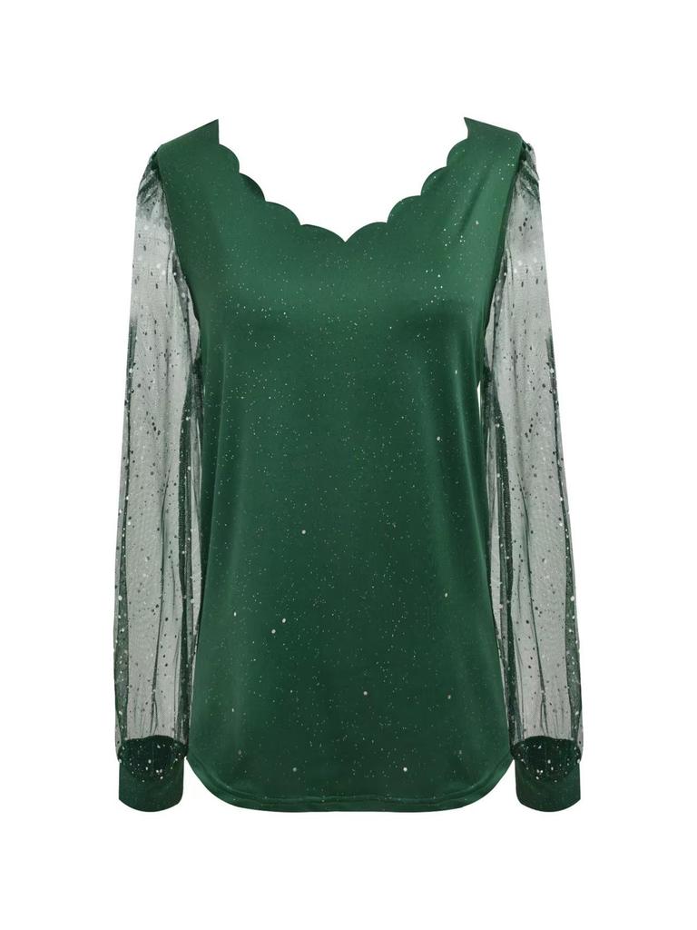 European Style V-Neck Long Sleeve Mesh T-Shirt