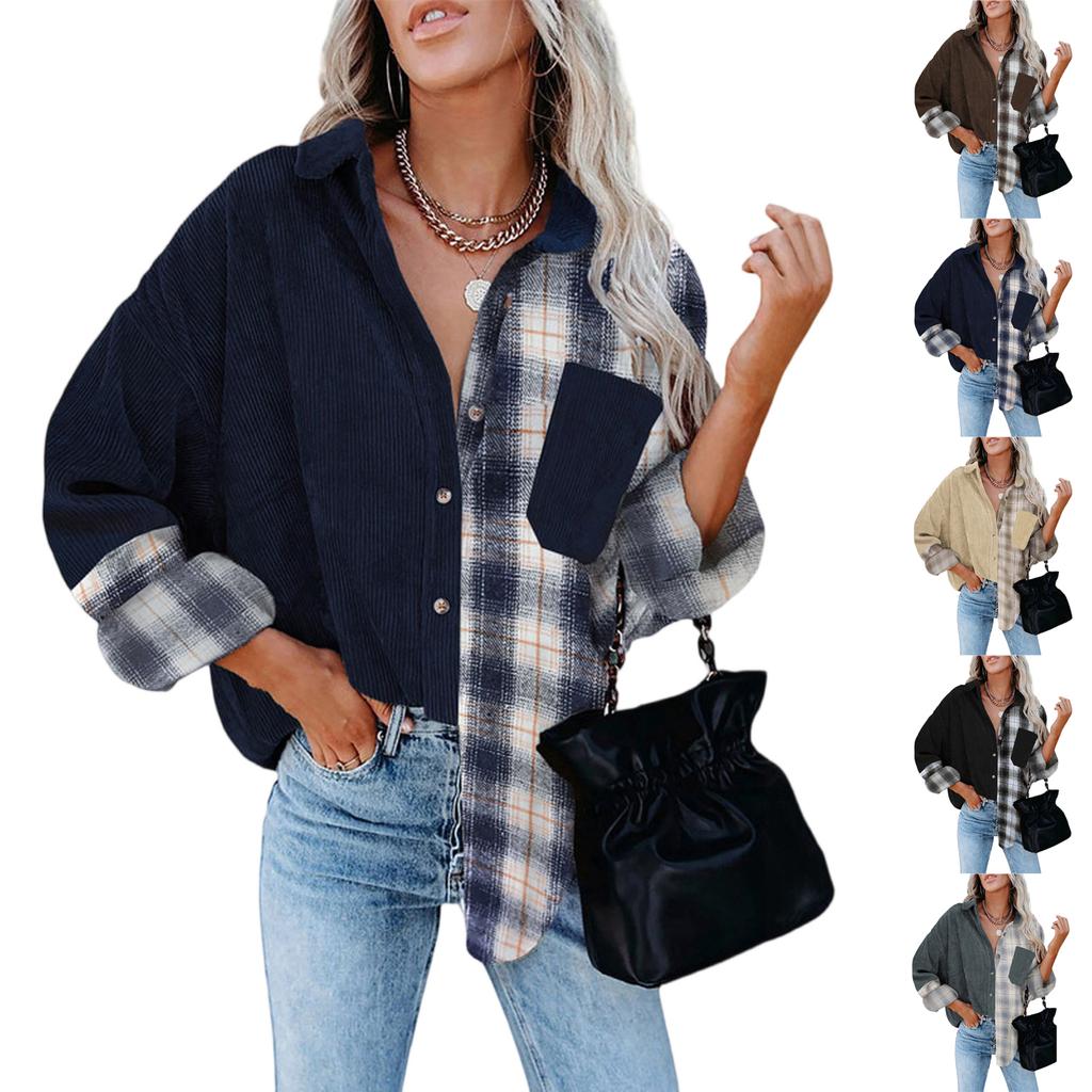 Women's Plaid Shirt Long Sleeved Loose Pocket Shirt Jacket