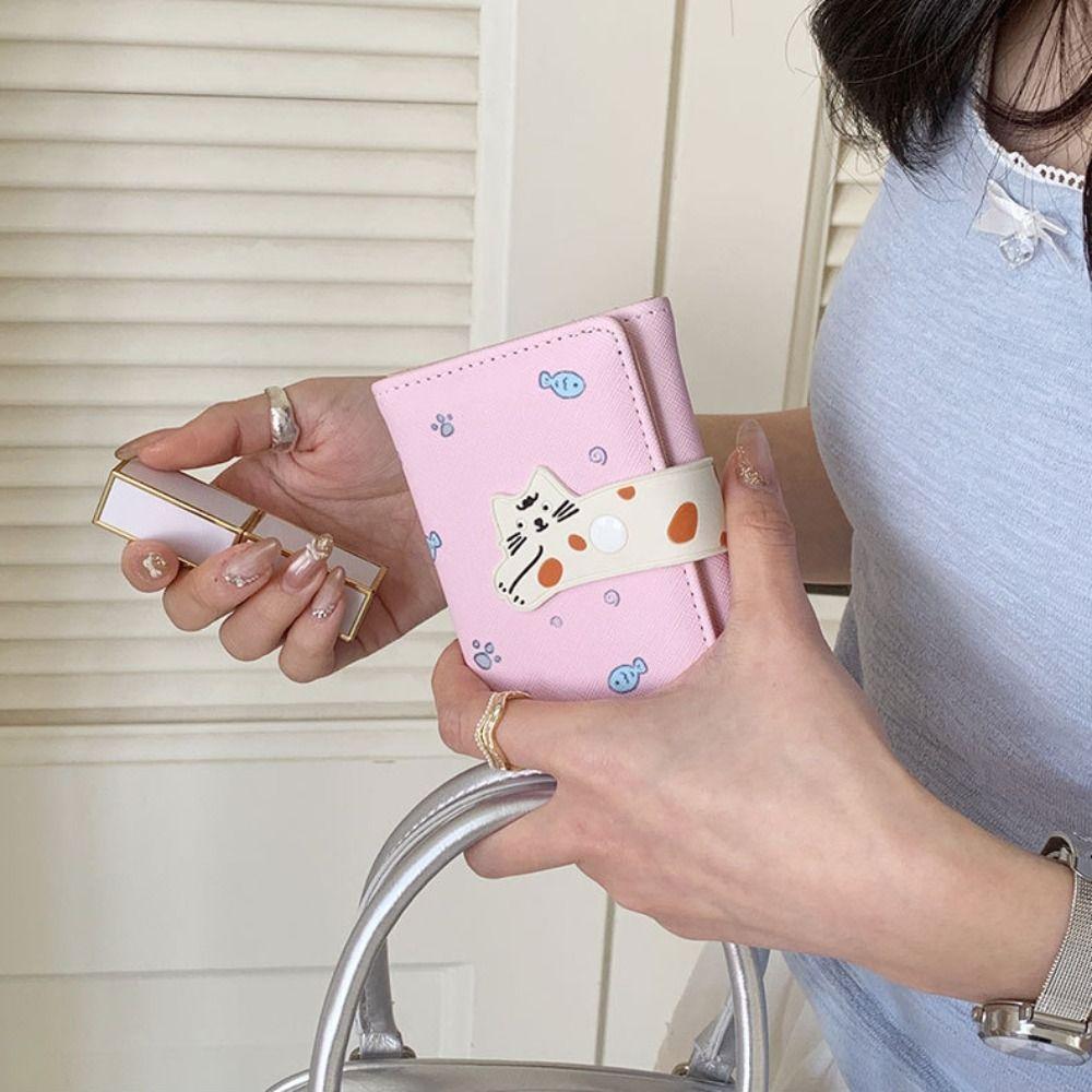 Card Pouch Portable Cat Printed Wallet PU Leather Multiple Card Short Leather Purse Cute Fashion Cat Patterned Card Bag Daily