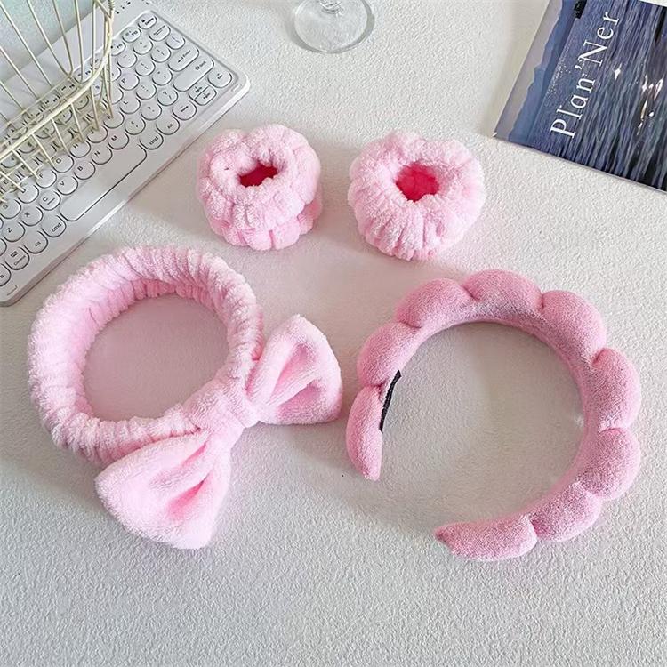 Solid Color Cloud Hair Band Set 4pcs Spa Headband and Wristband with Sponge Makeup Fashionable Hair Accessories