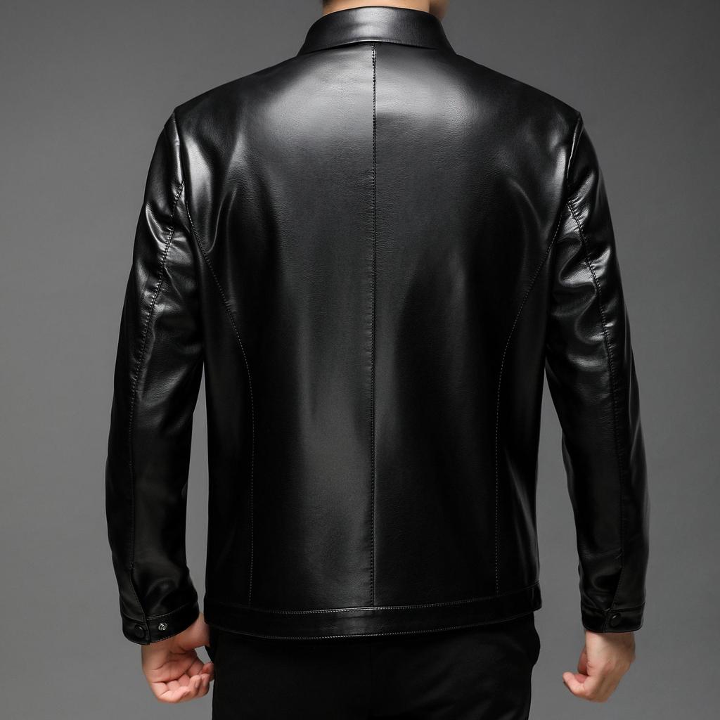 Fleece Leather Jacket Men's Autumn and Winter New Lapel Collar Soft Leather Jacket Middle-aged Men Loose and Casual