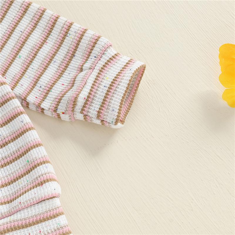 Toddler Baby Boys Girls Fall Waffled Clothes Stripe Long Sleeve Round Neck Pullover Elastic Waist Long Pants 2Pcs Outfit