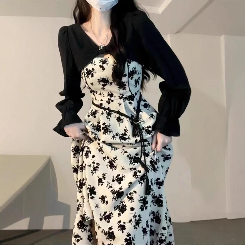 Elegantes zweiteiliges Glockenblumen-Blumenkleid für Damen - 2025 Frühling/Herbst Langarm-Stil