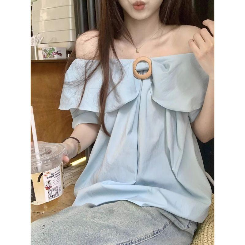 French Style Temperament Stylish Ruffles off-Shoulder Shirt Women's Clothing Summer Gentle Younger Blue off-the-Shoulder Tops
