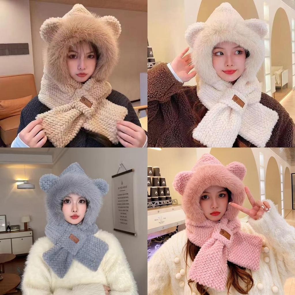 Winter Cute Bear Plush Hat Scarf Gloves Set With Windproof Warmth For Women