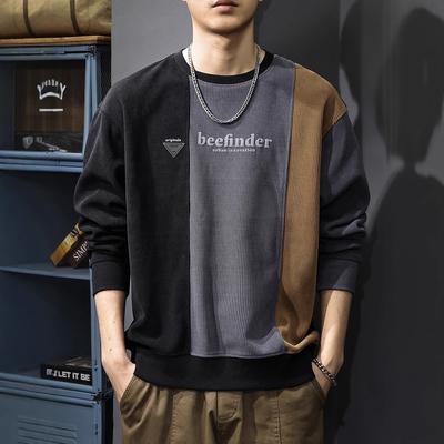 Autumn Trendy Brand Splicing Contrasting Colors Men'S Sweater Heavy Strip Velvet Embroidery Long-Sleeved American Loose Round Neck Pullover