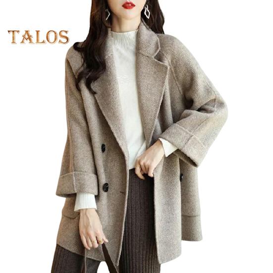 

Женское зимнее шерстяное пальто в деловом стиле с отложным воротником, двубортное пальто средней длины, куртка для поездок на работу, однотонная плотная верхняя одежда 3XL кофейный