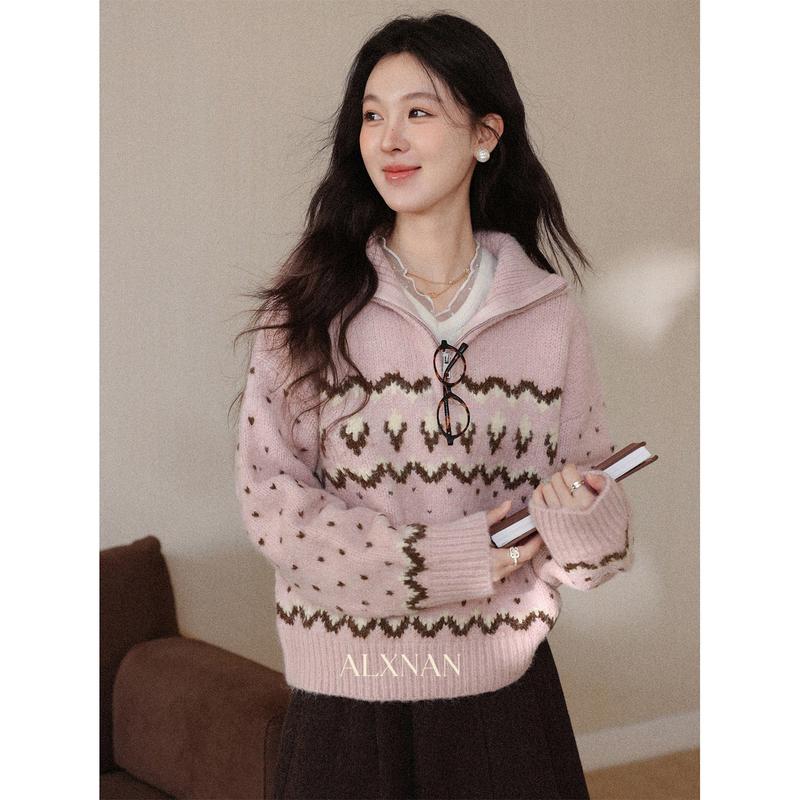 Luxiangnan  Time Story  Women s Loose Half-Zip Wool Sweater M