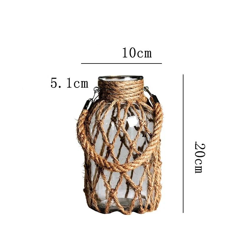 Rustic Hanging Glass Vase with Rope Net – Transparent Flower Vase with Hemp Rope for Home, Living Room & Table Decoration
