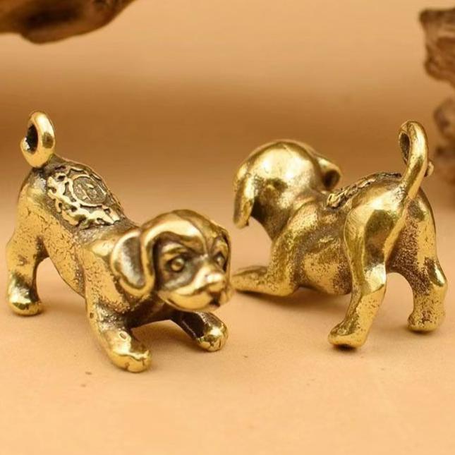 Brass Dog Ornament Retro Figurines Zodiac Lucky Happiness Dog Home Bedroom Decoration Crafts Items Accessories Gift