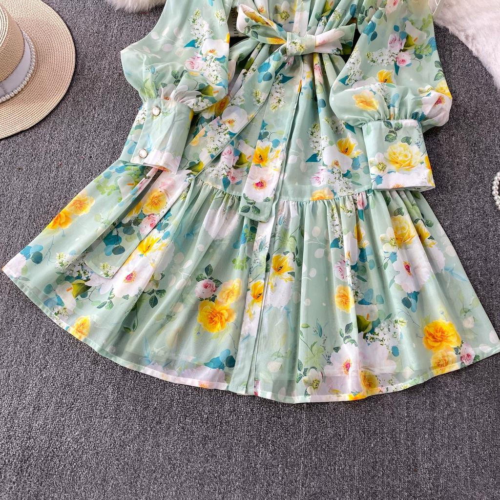 Spring Autumn Vintage Hydrangea Print  Long Sleeve Short Dress for Women Fashion Stand Collar Belt Slimming Ruffles Splice Mini Dress