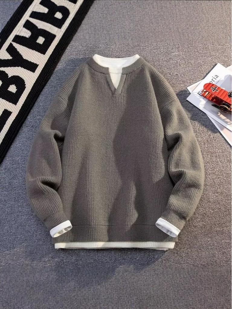 Men's Winter Patchwork Color Block Layered Sweater - Casual, Versatile, Warm Round Neck Knitwear