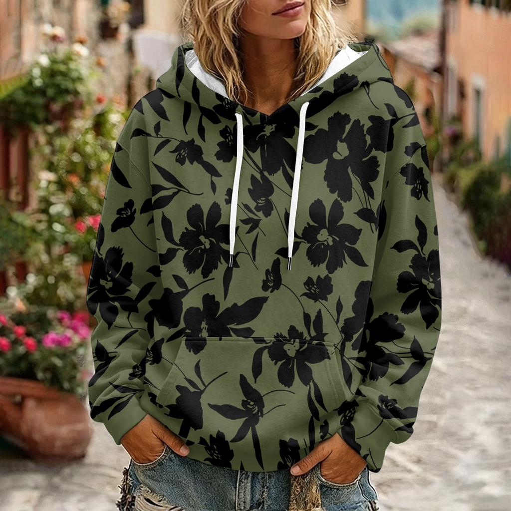 Women's Floral Print Long Sleeve Hoodie with Pocket and Casual Pullover Sweatshirt