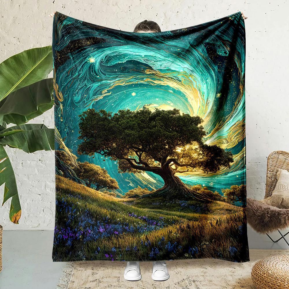 Swirling stars ancient tree meadow glow Print Blanket Warm Soft Fluffy Kids and Adult Sofa Bed Throw Outdoor Travel Camping RV