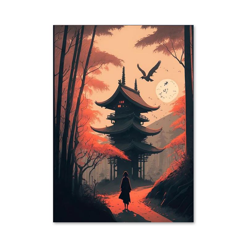 Retro Fantasy Japan House Village Landscape Posters and Prints Canvas Paintings Sakura Lake Wall Art For Living Room Home Decor