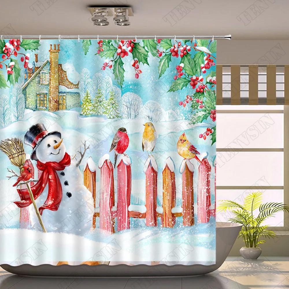Winter Shower Curtain Snow Red Truck Pine Rural Snowman Scenery Fabric Cloth Christmas Decor Bathroom Curtain Bath Accessory Set