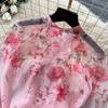 Summer Holiday Organza Gorgeous Flower 2 Piece Set Women Long Lantern Sleeve Shirt Blouse and Elastic Waist A Line Skirt Suit