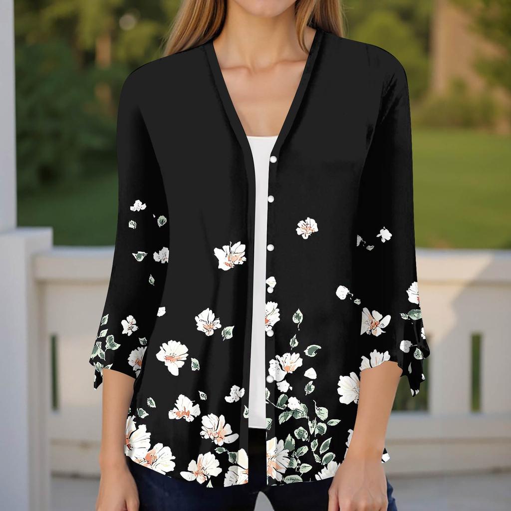 Women's Fashion Loose Casual Printed Seven-Part Sleeve Button Down Blouse Cardigan Top
