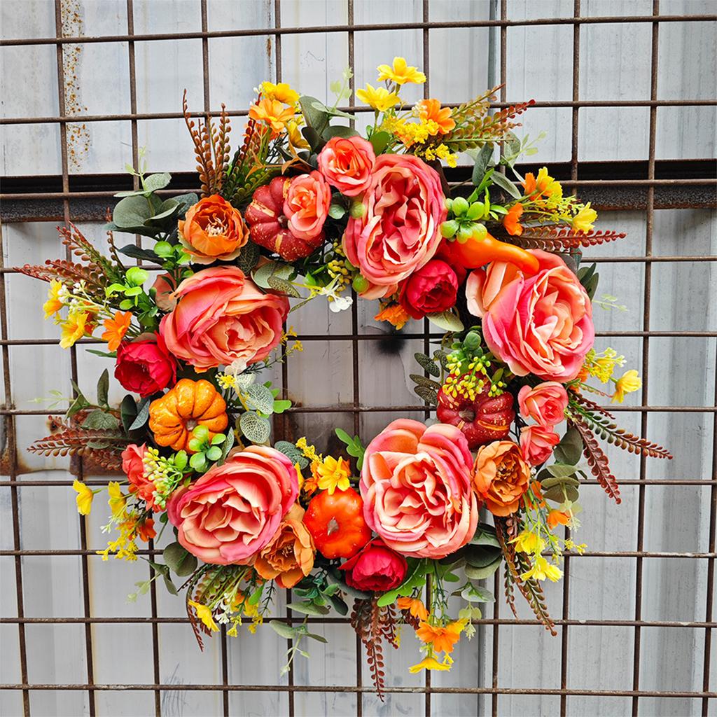 20 Inch Herfstkransen Kunstmatige Pioenrozen Krans met Pompoenen Eucalyptusblad Thanksgiving Krans voor Feest Tuin