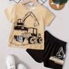 2-Piece Boys Casual Summer Outfit Set, Monster Truck Print Versatile Short Sleeve Tee & Shorts Set