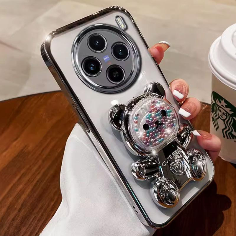 Glitzerbeschichtete Hülle für Oppo Realme 12 11 10 9 8 Realme12 Pro Plus Niedlicher Bärenständer Transparente Ständerabdeckung