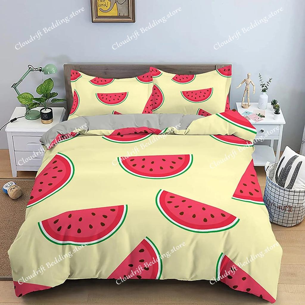 Watermelon Duvet Cover Set Green And Red Colour Polyester Comforter Cover King Queen Full Size For Kids Teens Adults Bedding Set
