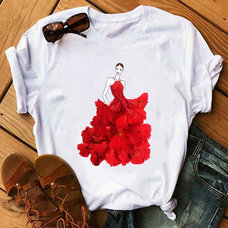 Fashion Flowers Red Rose Skirt Print T-shirt Women T Shirt Femme Harajuku Shorts Sleeves Shirt Summmer Tops Tshirt