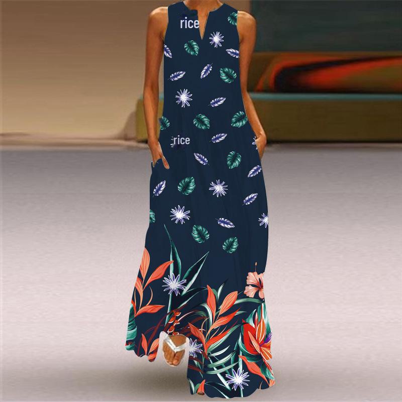 2024 Retro Printed Sleeveless V-Neck Long Summer Dress
