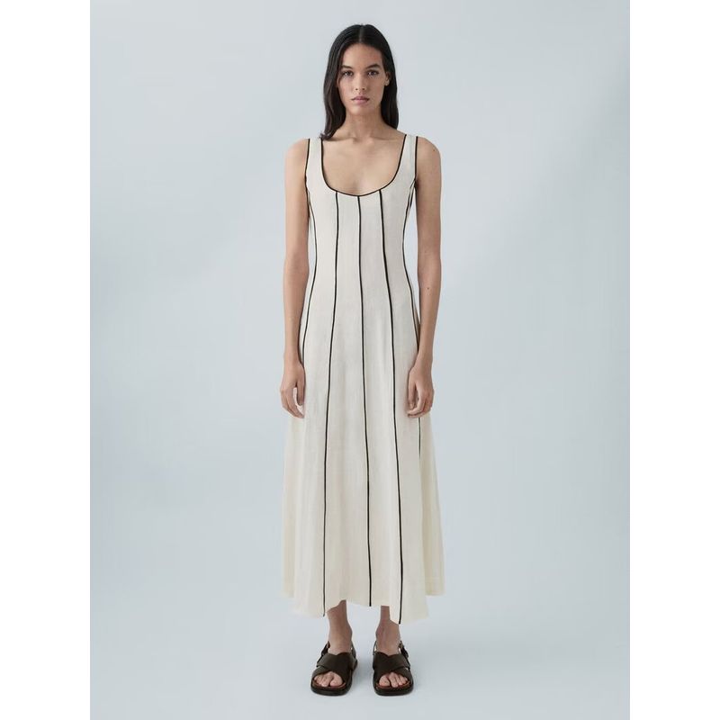 

Md2024 New Women clothes Stripe Linen Long dress Sleeveless Waist Hugging Vest Skirt Dress 06699699250 White L