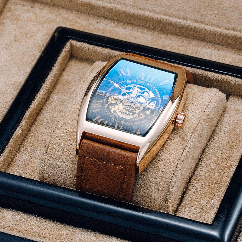 Finish 2027 Skull Face Mesh Strap Men's Waterproof Barrel-Shaped Tictok Watch with Leather Belt