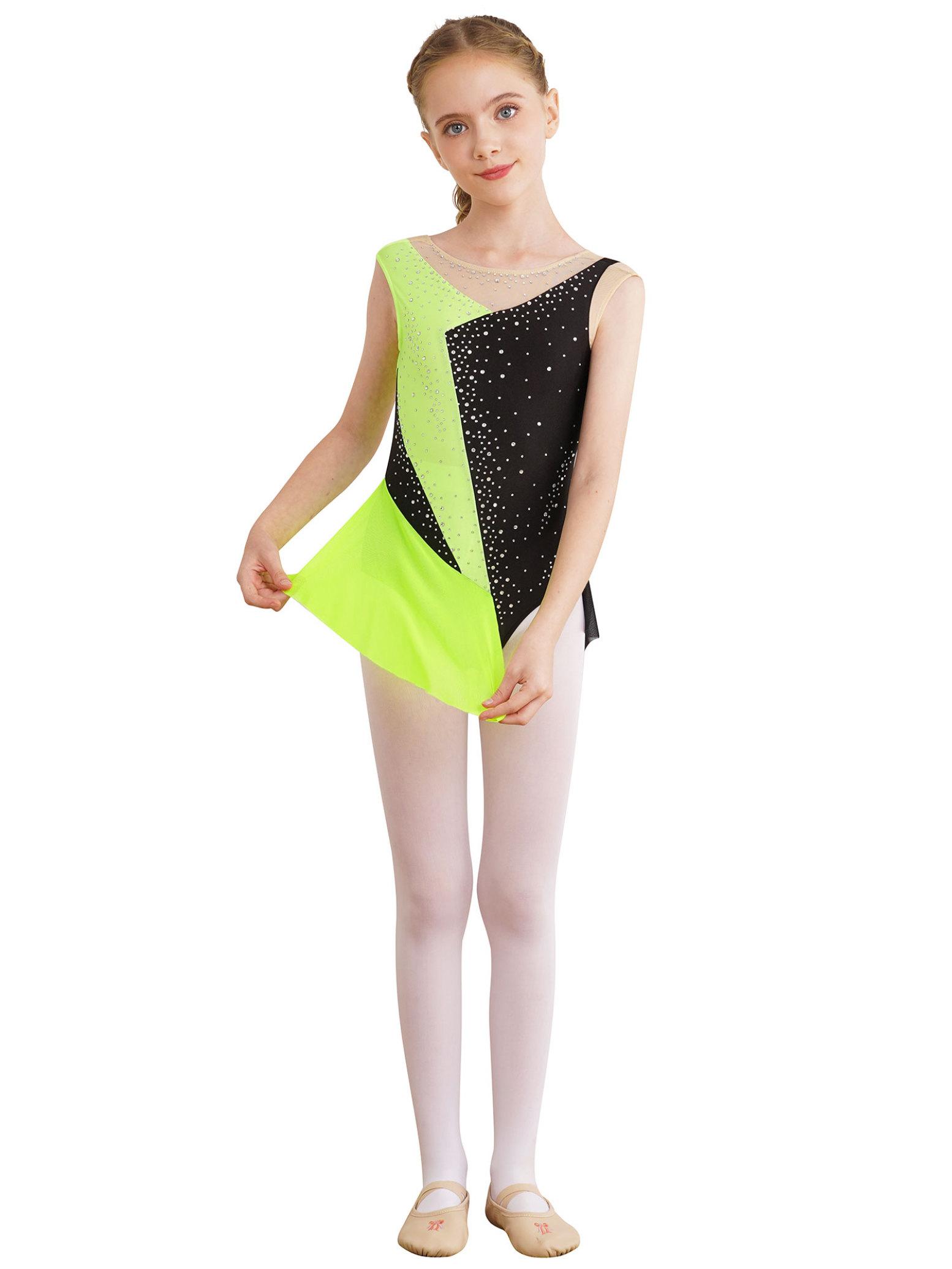 

Детский комбинезон для балета, джаза, современного танца, блестящая сетка со стразами, одежда для художественной гимнастики, сценическая одежда, нарядный комбинезон для катания на коньках 5-6 Years флуоресцентный зеленый