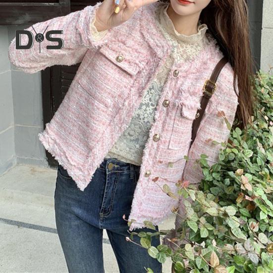 ז'קט נשים בסגנון סלבריטאי סוג קצר צווארון עגול שרוולים ארוכים קרדיגן עם חזה יחיד מעיל קרוע בגדי עליונים לסתיו חורף