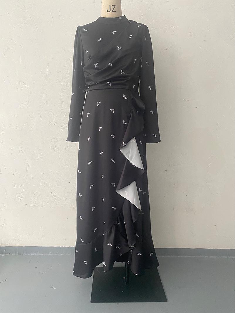 

2024 Spring European & American Ruffle Print Slim Long-Sleeve Dress S