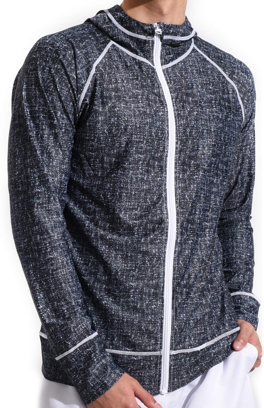 

Спортивный рашгард для отдыха на молнии, с длинным рукавом, защита от УФ-лучей UPF 50+, размер L, джинсовый черный, мужской, карман, защита, худи, (ls19002)