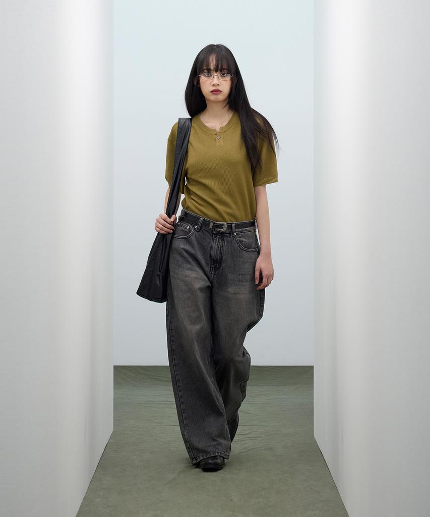 IRONYPORNO WHITELINE 86-Iro355 Basic One-Button Round Short Sleeve Knit Khaki Brown