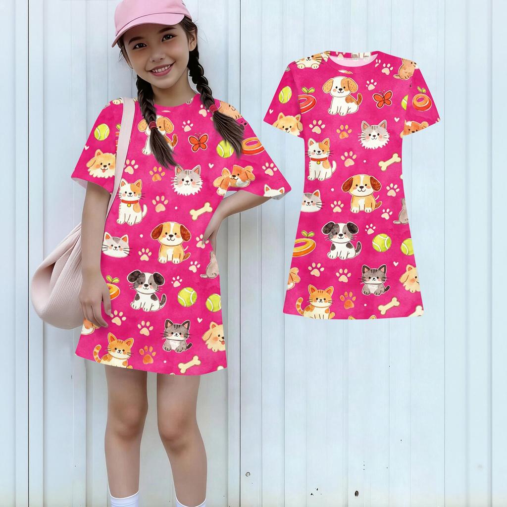 Girls Loose Fit Short Sleeve Dress Lightweight Summer Dress with Animal Print Round Neck Casual Kids Dress for Daily Wear
