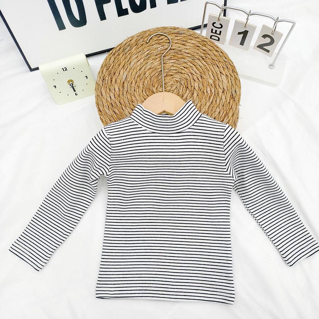 Kids' and Parents' Striped Long Sleeve T-shirt - Semi-High Collar Elastic Layer for Autumn/Winter