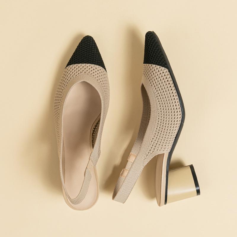 BT663 Princess Cutout Knitted Sandals - Round/Pointed Toe, Back Strap, Low Cut, Chunky Heel