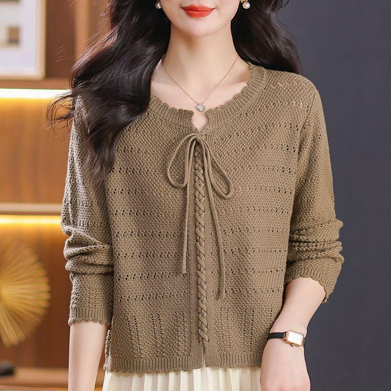 Round Neck Knitted Sweater for Women Solid Color Design Sun Protection Jacket New Lace Up Design